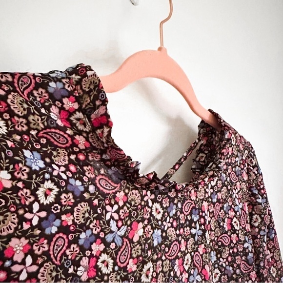 Loft Vine Floral Black Pink Ruffle Collar Tie Back Flowy Blouse sz Small - Picture 6 of 9